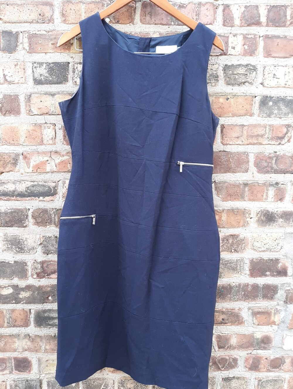 Calvin Klein Navy Blue Sheath Dress 12 Exposed Zipper Detail Pockets